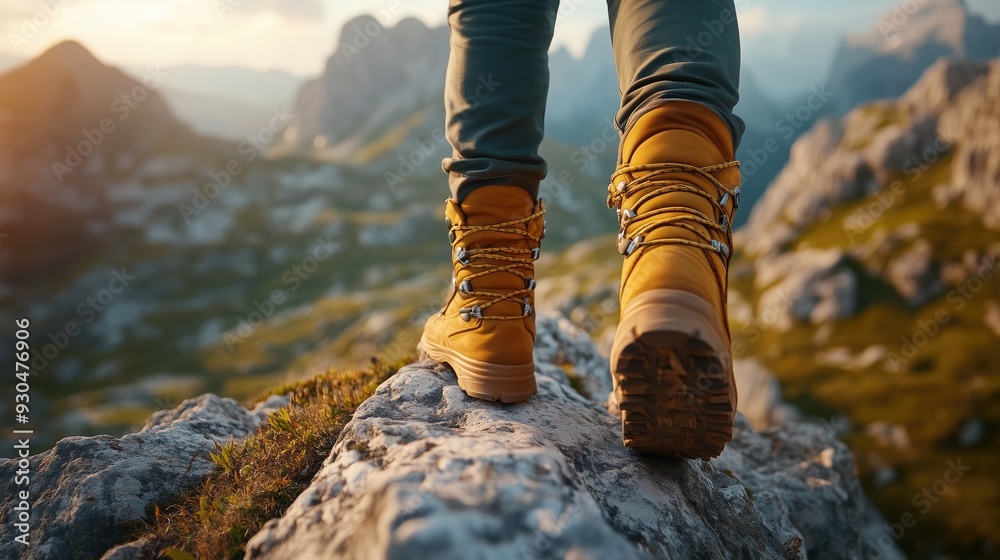 Closeup of hiking boots on a rocky summit adventure in the mountains trekking and exploration concept outdoor lifestyle photography Closeup of hiking boots on a rocky summit adventure in the mountains trekking and exploration concept outdoor lifestyle photography