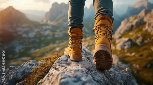 Closeup of hiking boots on a rocky summit adventure in the mountains trekking and exploration concept outdoor lifestyle photography