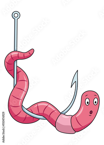 Cute worm character on hook. Fishing leisure icon. Funny symbol on fishing hook in cartoon style. Vector illustration