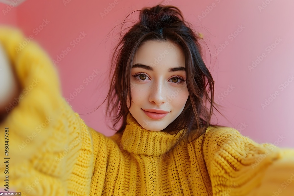Smiling Woman in Yellow Knitted Turtleneck, Pink Background Smiling Woman in Yellow Knitted Turtleneck, Pink Background