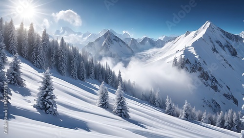 Avalanche on snowy mountainous terrain. The sun is shining brightly. Concept of environmental protection and natural disasters