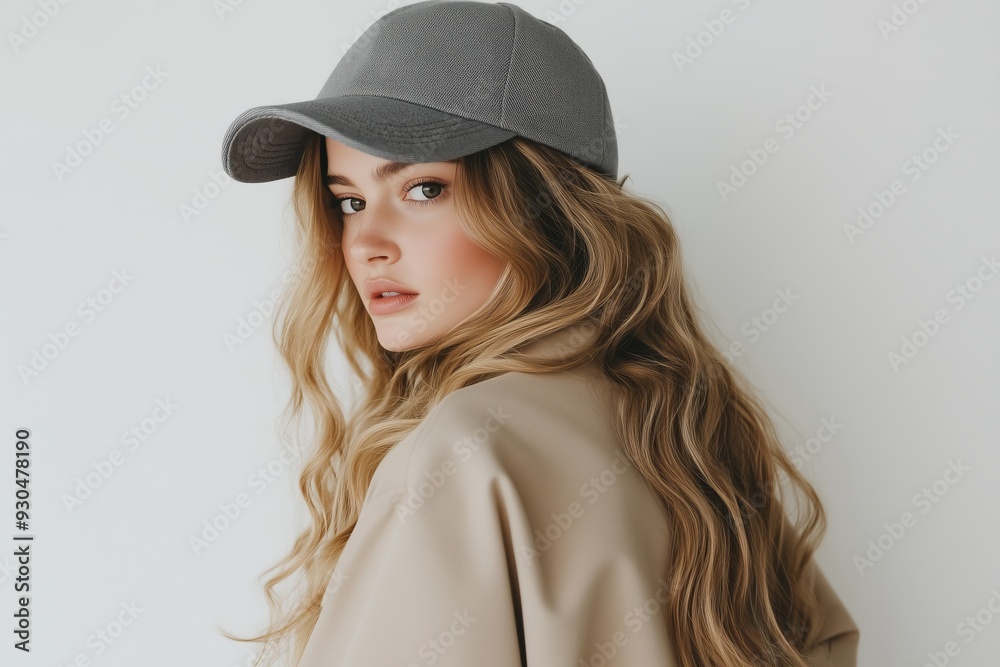 young woman with long, wavy blonde hair, wearing a beige trench coat that flows down to her calves she wearing a gray baseball cap young woman with long, wavy blonde hair, wearing a beige trench coat that flows down to her calves she wearing a gray baseball cap