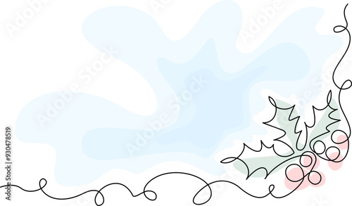 Holly berry leaves decoration. Continuous one line drawing.