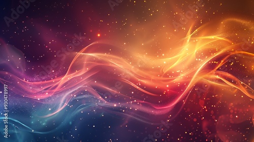 A colorful abstract background with flowing waves and sparkling particles.