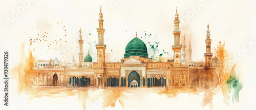 Watercolor hand draw The Prophets Mosque (Masjid an-Nabawi) in Medina Saudi Arabia