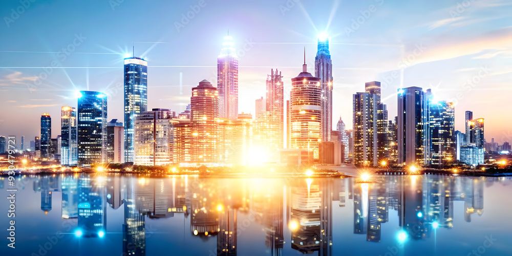 Fototapeta premium Smart City Transformation: Glowing Abstract Digital Art of Urban Evolution into Tech-Driven Smart Cities with AI Integration - Concept Photo Stock