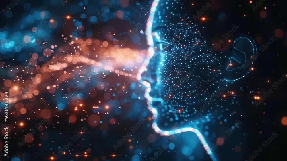Futuristic abstract silhouette of a human face created with glowing particles and vibrant colors representing technology. Futuristic abstract silhouette of a human face created with glowing particles and vibrant colors representing technology.