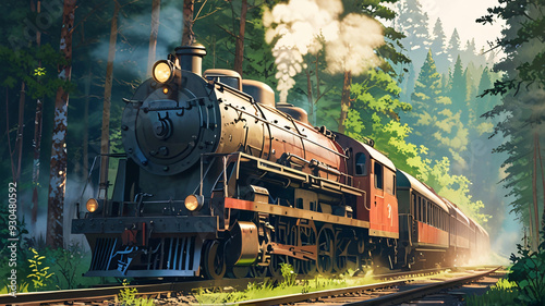 Vintage Train in Forest, nature background wallpaper, anime illustration drawing, photo