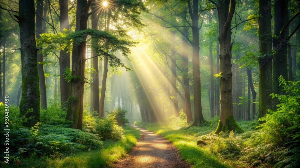 Obraz premium Enchanted forest path with sunbeams piercing through lush greenery and tree trunks in woodland fog