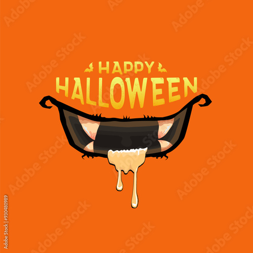 Vector Happy Halloween greeting card and poster with funny monster mouth. Cartoon vampire and zombie fangs. Cartoon funny zombie monster open mouth with drooling green slime and text