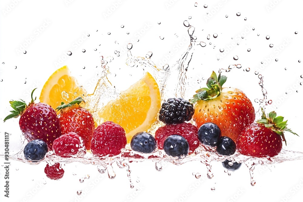 Different berries and splashing juice isolated on white. Generative Ai Different berries and splashing juice isolated on white. Generative Ai