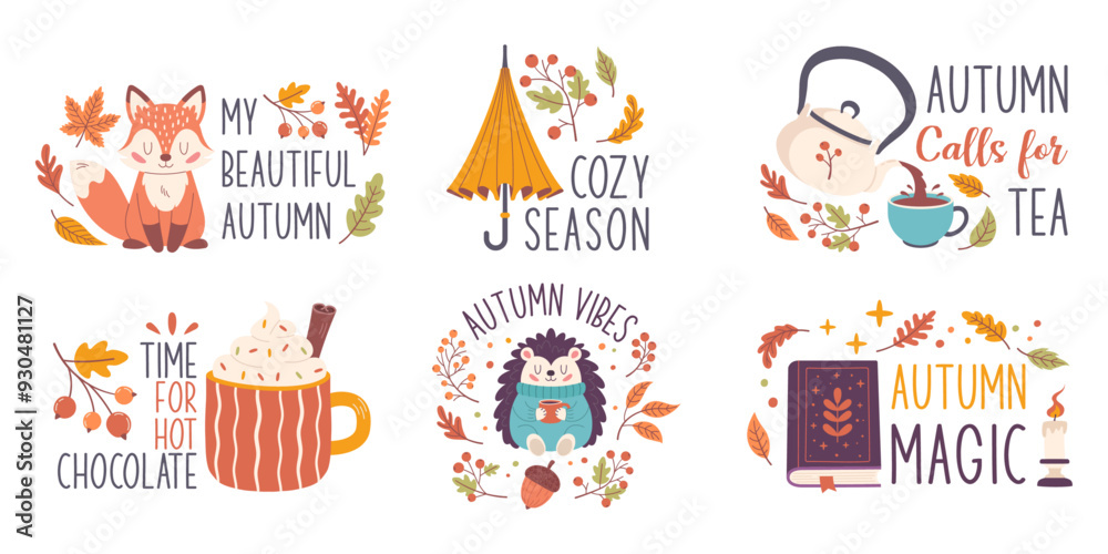 Autumn lettering set, hand-drawn. A collection of autumn slogans, autumn stickers. Autumn phrases with cute and cozy design elements Autumn lettering set, hand-drawn. A collection of autumn slogans, autumn stickers. Autumn phrases with cute and cozy design elements