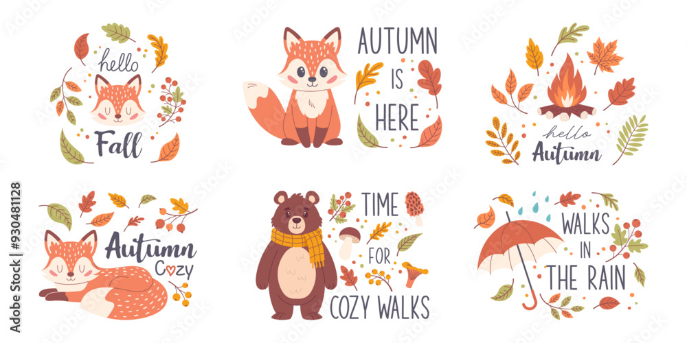 Autumn lettering set, hand-drawn. A collection of autumn slogans, autumn stickers. Autumn phrases with cute and cozy design elements Autumn lettering set, hand-drawn. A collection of autumn slogans, autumn stickers. Autumn phrases with cute and cozy design elements