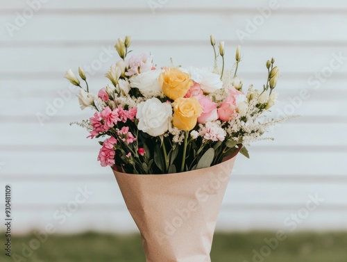 Ethereal Daytime Flower Bouquet Featuring Roses, Lilies, and Carnations Wrapped in Rustic Brown Paper in a Soft-Focused Background #930481109