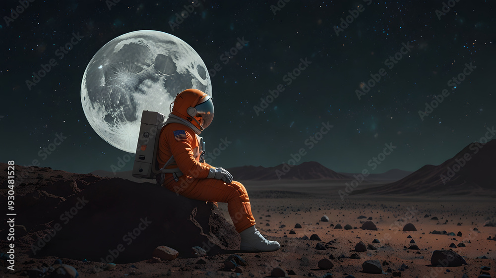 Obraz premium Astronaut sits on the moon, with the lunar landscape and full moon in view