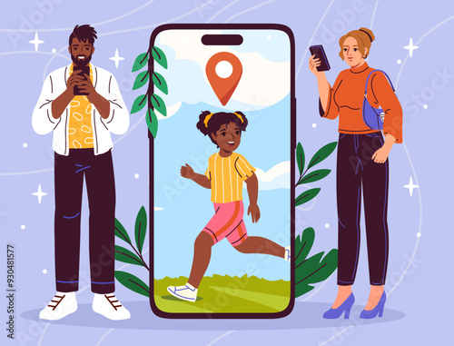 Monitoring whereabouts of child. Man and woman near huge smartphone look at daughter. Parental controls, safety and child protection. Flat vector illustration isolated on violet background