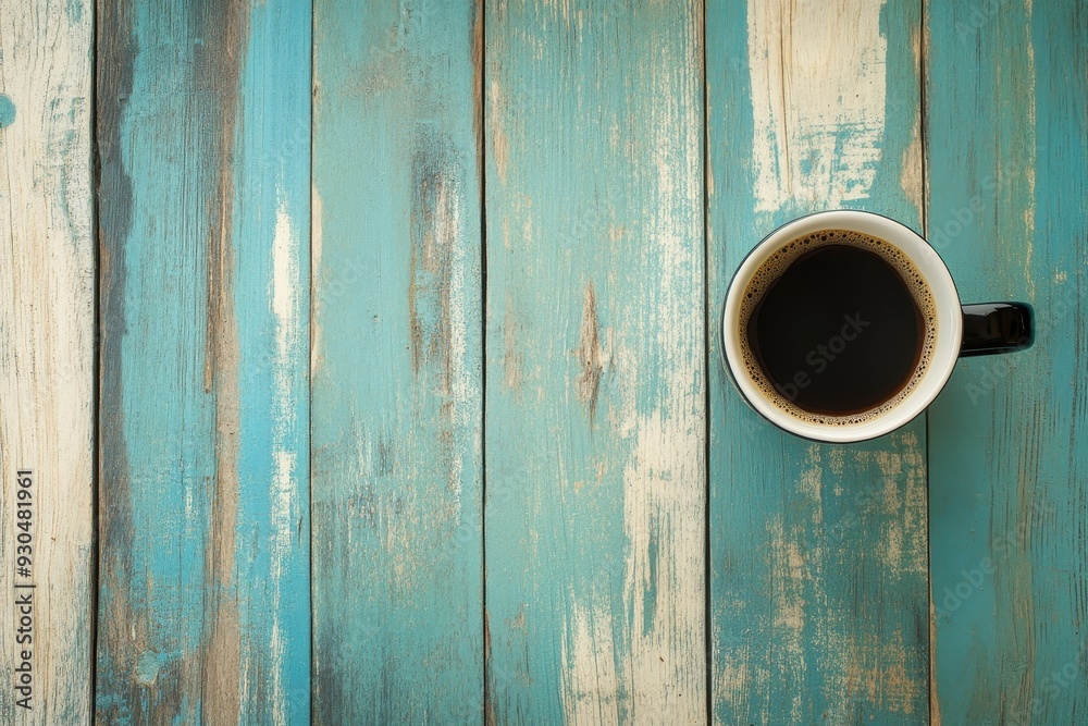 Top View of Coffee Cup on Distressed Blue Wooden Background - A single ...