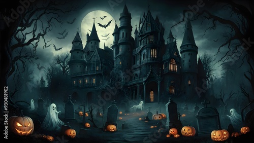 Crazy Halloween castle cemetery scene. Torturing terrible dream hallowenbackground. Mechanized craftsmanship painting for book illustration,background background,
Halloween Concept.