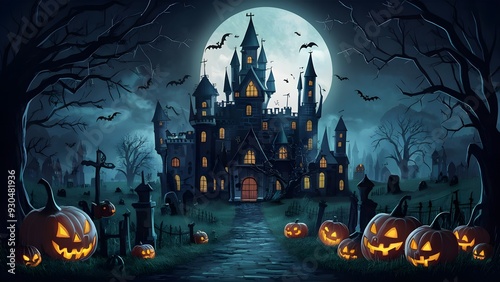 Crazy Halloween castle cemetery scene. Torturing terrible dream hallowenbackground. Mechanized craftsmanship painting for book illustration,background background,
Halloween Concept.