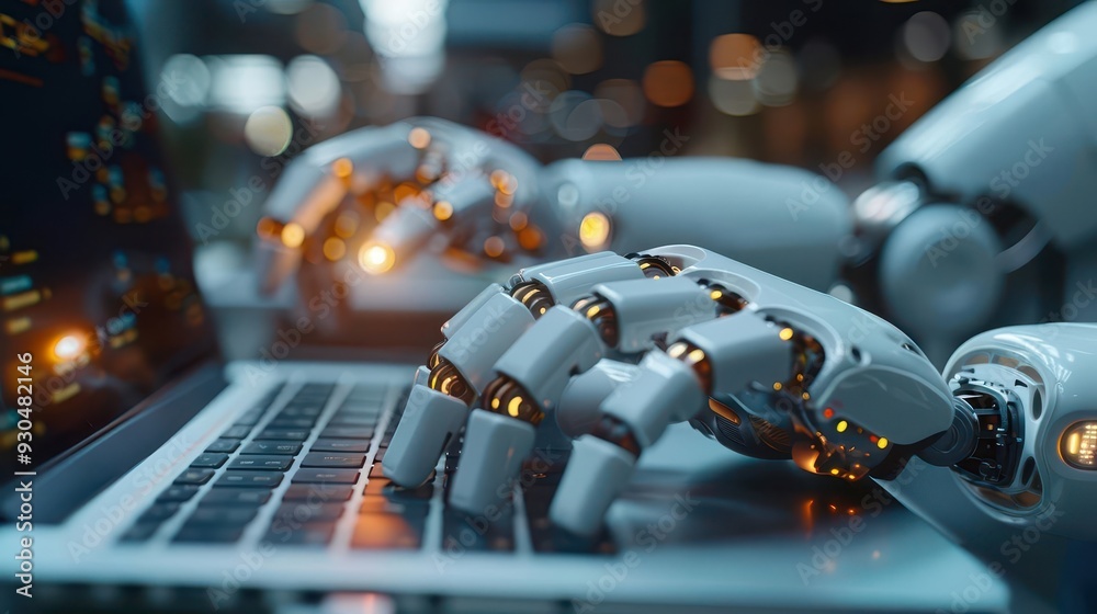 Fototapeta premium Futuristic robot hand typing on a laptop, showcasing advanced technology and innovation in digital communication.