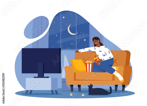 Woman with 3D movie. Young girl in 3D glasses sits on sofa with popcorn and watches movies or TV series. Entertainment and leisure, fun. Flat vector illustration isolated on white background