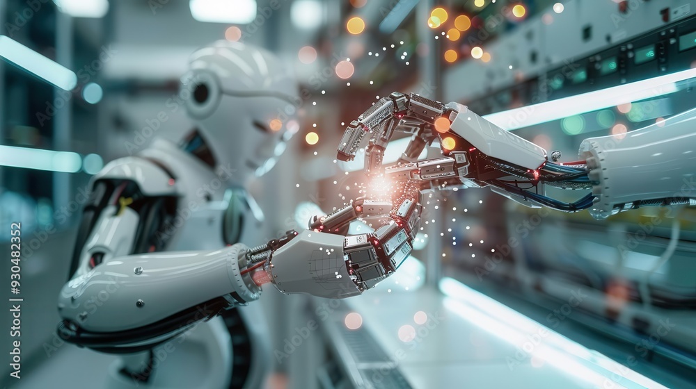 A futuristic robot interacts with technology, showcasing advanced mechanics and a blend of light and energy in a modern setting. A futuristic robot interacts with technology, showcasing advanced mechanics and a blend of light and energy in a modern setting.