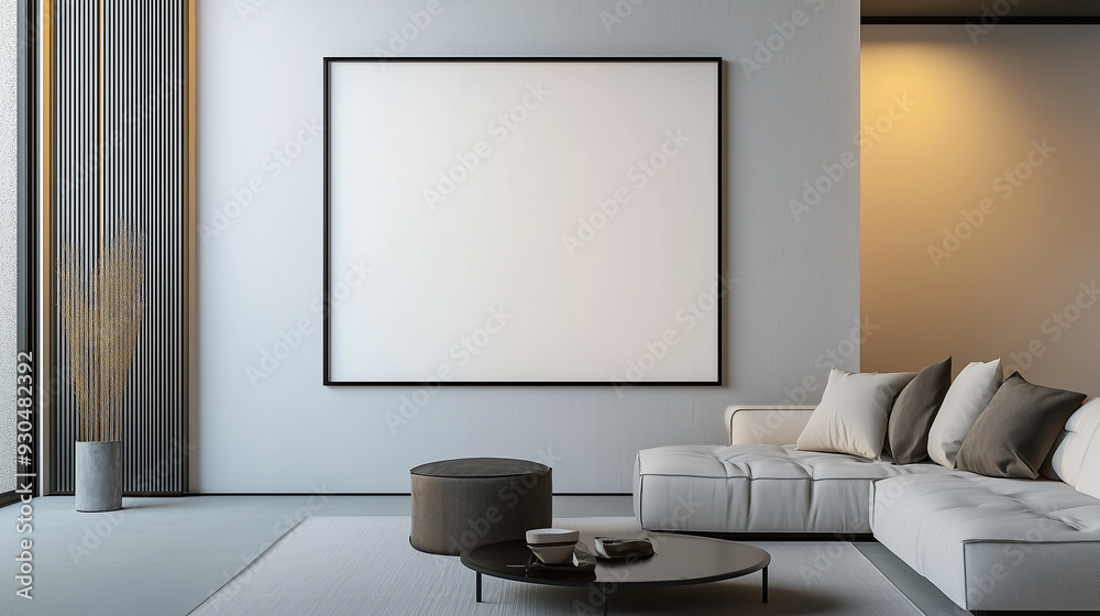 A sophisticated modern living room with minimalist décor. Blank framed mock up. A sophisticated modern living room with minimalist décor. Blank framed mock up.