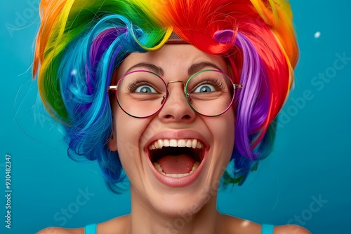 Woman in Colorful Rainbow Wig Smiling and Wearing Glasses