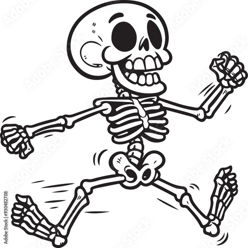 Cartoon Skeleton outlined for coloring book isolated on a white background, Line Drawing of a Dancing Skeleton