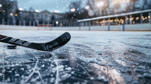 ice hockey stick on ice rink in position to hit hockey puck photo