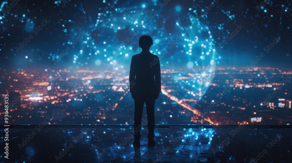 A contemplative figure standing before a futuristic cityscape illuminated by a glowing digital sphere, symbolizing innovation and technology. A contemplative figure standing before a futuristic cityscape illuminated by a glowing digital sphere, symbolizing innovation and technology.