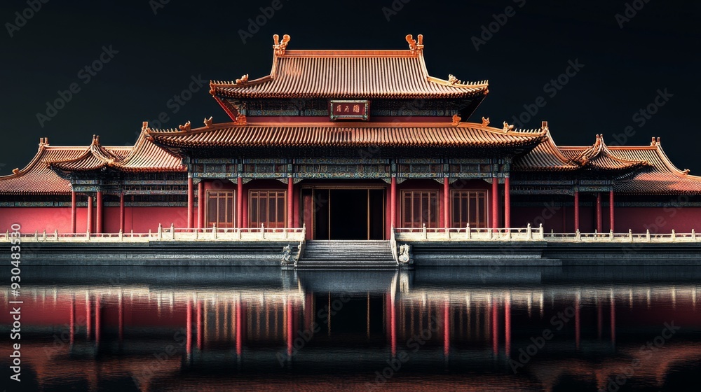 Fototapeta premium Traditional Chinese architecture with red pillars and a tiled roof reflected in a still body of water.