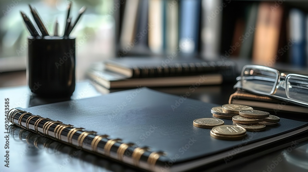 A stylish workspace featuring a notebook, pens, coins, and glasses, perfect for inspiration and productivity. A stylish workspace featuring a notebook, pens, coins, and glasses, perfect for inspiration and productivity.