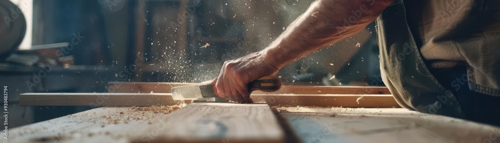 Carpenter working with a cutting tool on a wooden plank in a workshop, showcasing craftsmanship, precision, and dedication to woodworking. Carpenter working with a cutting tool on a wooden plank in a workshop, showcasing craftsmanship, precision, and dedication to woodworking.