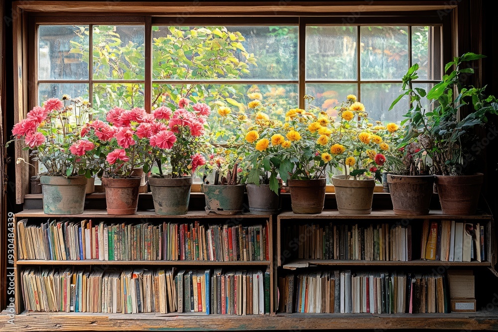 Potted Flowers and Bookshelf by a Window Potted Flowers and Bookshelf by a Window