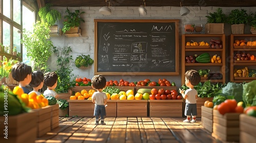 3D vector illustration of a classroom with children learning about healthy lifestyle choices to prevent diabetes. photo