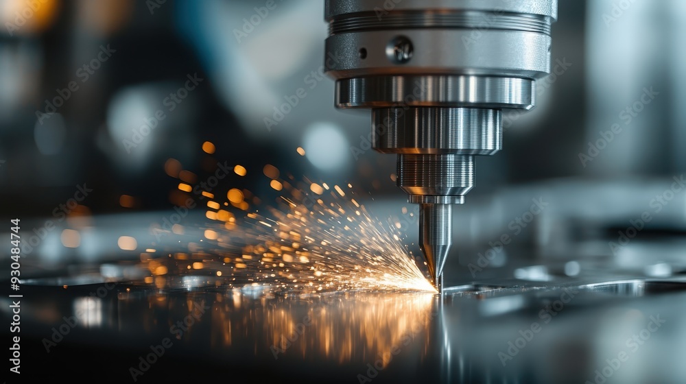 A detailed image of a CNC milling machine producing bright sparks as it works on metallic material, showcasing the power and precision of industrial manufacturing technology. A detailed image of a CNC milling machine producing bright sparks as it works on metallic material, showcasing the power and precision of industrial manufacturing technology.
