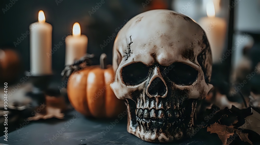 A spooky Halloween scene featuring a skull, candles, and a pumpkin. A spooky Halloween scene featuring a skull, candles, and a pumpkin.