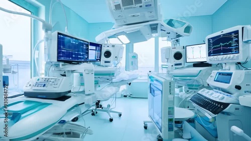 Medical equipment in a hospital laboratory including monitors, computers, ultrasound, and x-ray machines