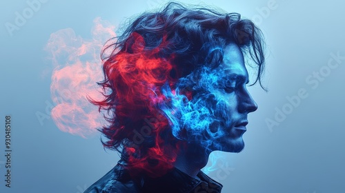 Side profile of man with red and blue smoke effects