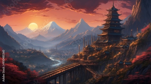 Beautiful asian palace in mountain crane on sunset background photo