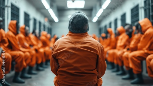 Person in orange jumpsuit and cap sitting in a room with other people wearing similar attire, likely in a prison or detention facility. photo