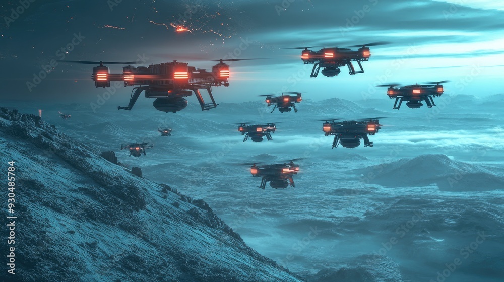 Fototapeta premium A fleet of military drones on a mission, carrying supplies across a hostile environment.