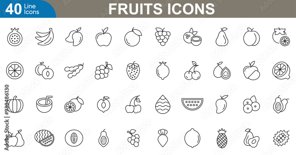 Fruit line icons set. Mango, apple, banana, orange, strawberry, grapes, watermelon, pineapple, cherry, lemon and more. vector illustration. Fruit line icons set. Mango, apple, banana, orange, strawberry, grapes, watermelon, pineapple, cherry, lemon and more. vector illustration.