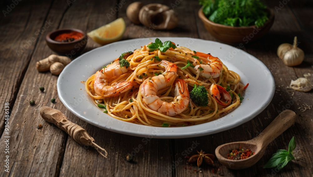 Fried noodles topped with shrimp and clams and sprinkled with parsley. Fried noodles topped with shrimp and clams and sprinkled with parsley.