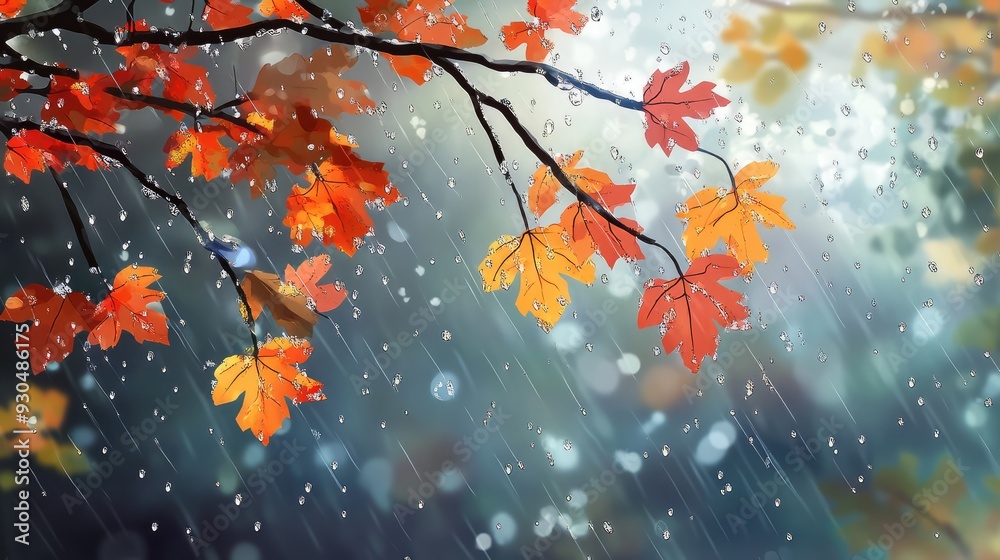 Rain and yellow leaves flowing through the window in the landscape of the autumn park. Ai generation Rain and yellow leaves flowing through the window in the landscape of the autumn park. Ai generation