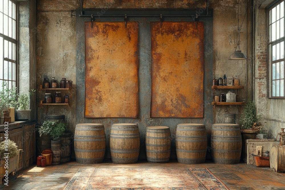 Rustic Industrial Interior with Exposed Brick and Wooden Barrels Rustic Industrial Interior with Exposed Brick and Wooden Barrels