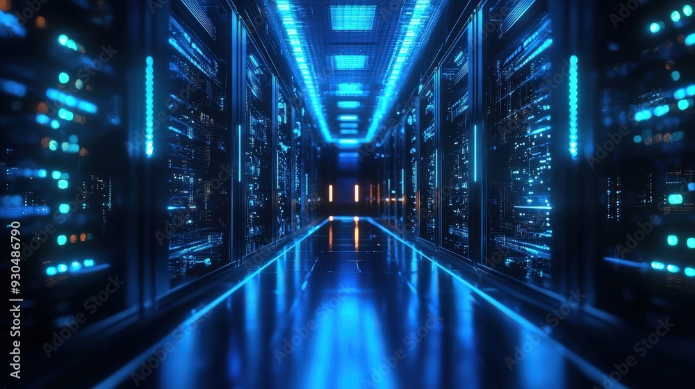 Fototapeta premium A futuristic data center features glowing servers lined along a reflective corridor, showcasing advanced technology and efficient design
