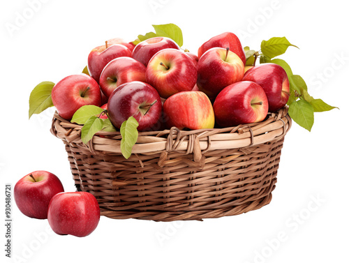 a basket of apples with leaves