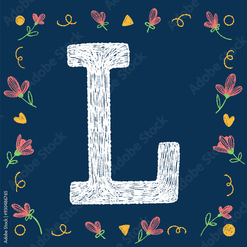 Playful hand-drawn chalk letter L with decorative elements on a blue background, ideal for educational and creative design projects.